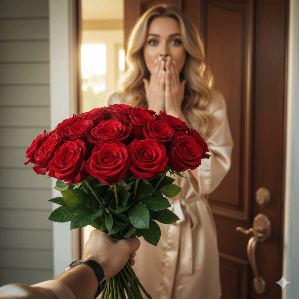 Mulher surpresa recebendo flores