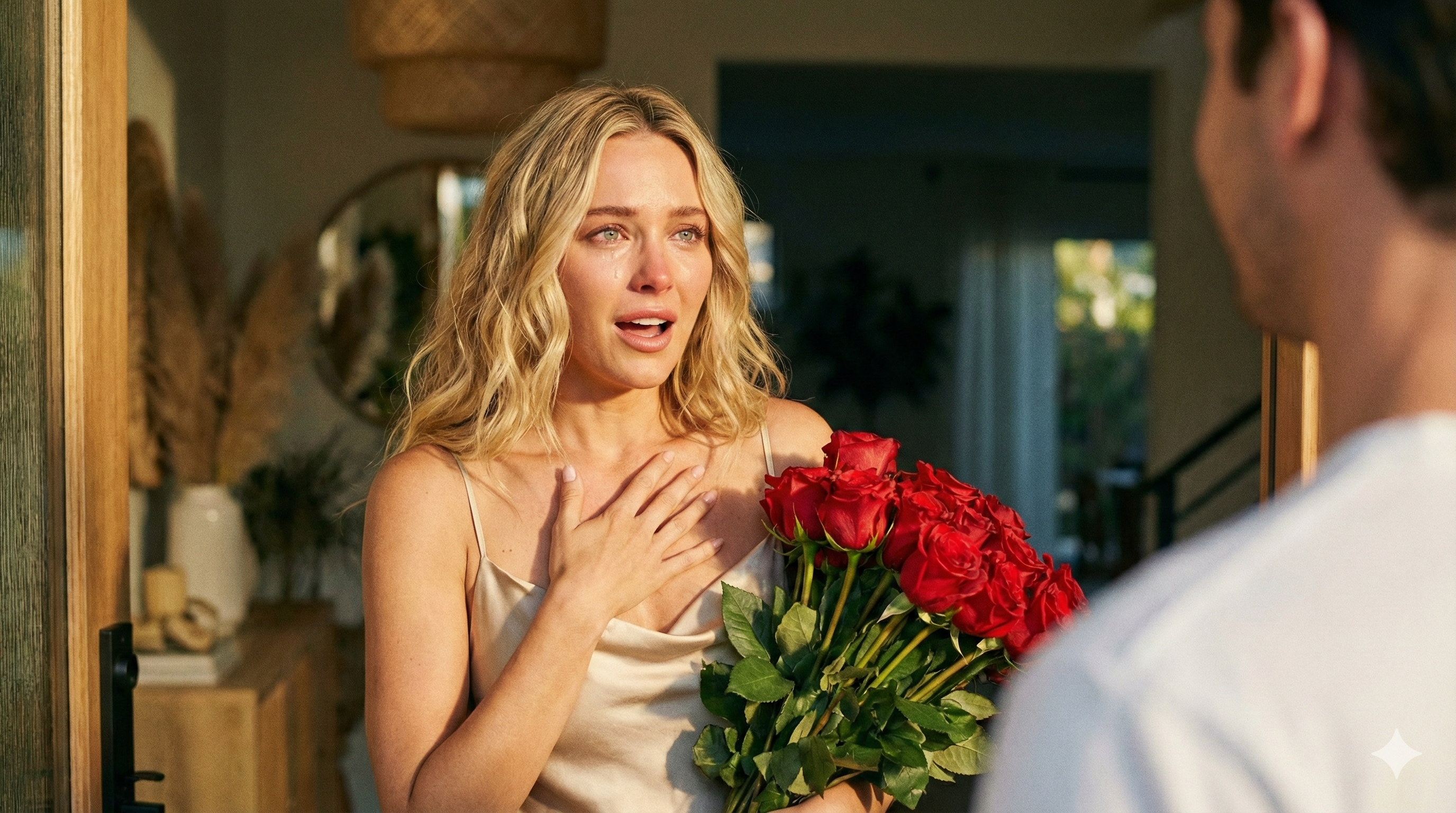 Mulher emocionada recebendo flores